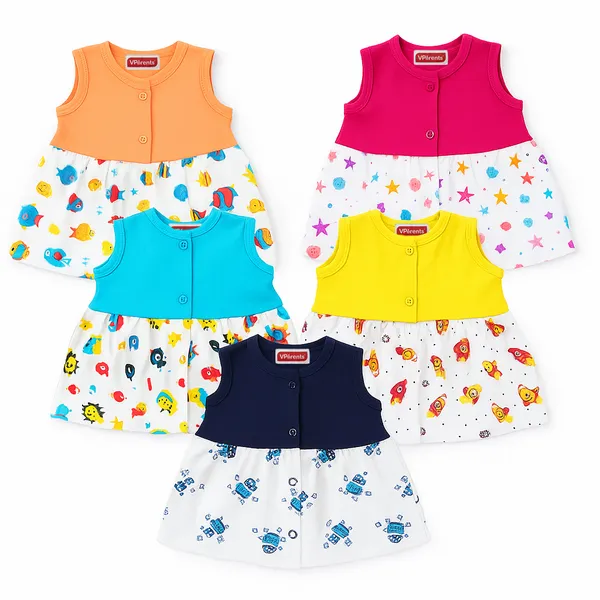 VParents_Cotton_Knee-Length_Sleeveless_Girls__Frock_pack_of_5