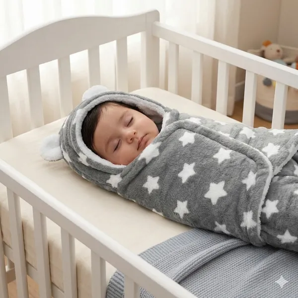 3-in-1_Soft_Hooded_Baby_Blanket_Wrapper_-0-6_Months_Swaddle_for_New_Born_Sleeping_Bag_Gift�_Bath_Towel_Bath_Robe_-_Gray