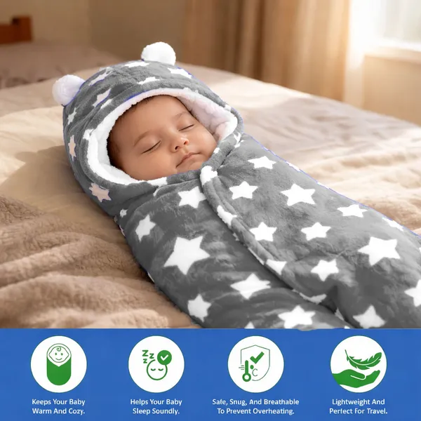 3-in-1_Soft_Hooded_Baby_Blanket_Wrapper_-0-6_Months_Swaddle_for_New_Born_Sleeping_Bag_Gift�_Bath_Towel_Bath_Robe_-_Gray