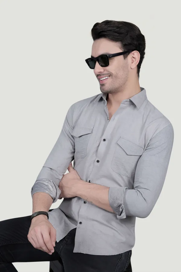 Aurelio_Grey_Suede_Double_Pocket_Solid_Shirt