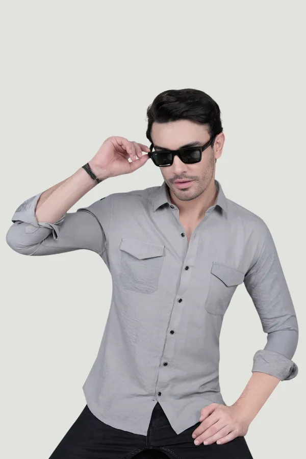 Aurelio_Grey_Suede_Double_Pocket_Solid_Shirt