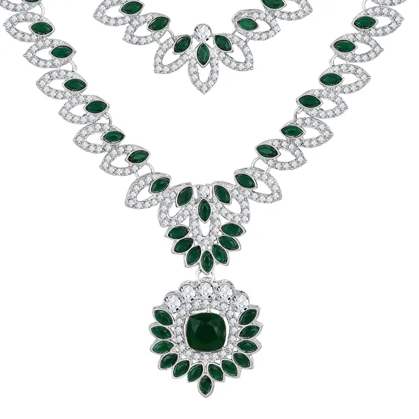 Atasi_International_Ad_Diamond_Celebrity_Style_Silver_Plated_Dark_Green_Crystals_Necklace_With_Earrings_And_Maang_Tika_Jewellery_Set_For_Women_Suited_For_Party_Wedding_Engagement_Rdg6226