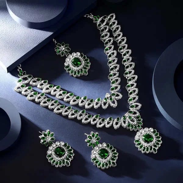 Atasi_International_Ad_Diamond_Celebrity_Style_Silver_Plated_Dark_Green_Crystals_Necklace_With_Earrings_And_Maang_Tika_Jewellery_Set_For_Women_Suited_For_Party_Wedding_Engagement_Rdg6226