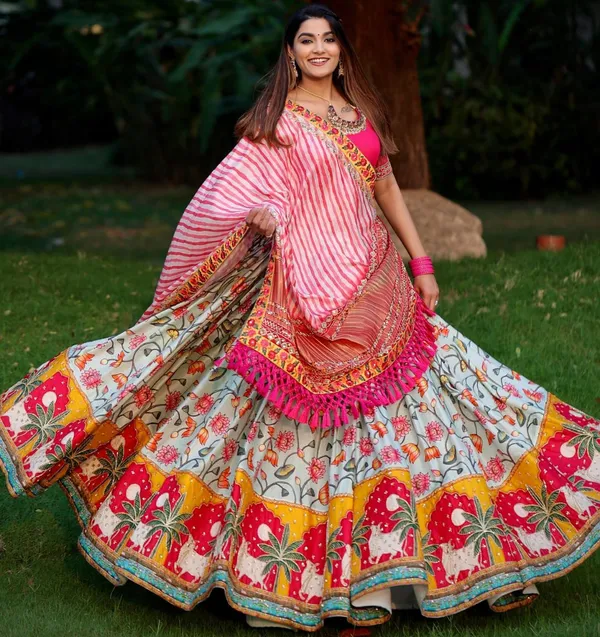 Sky_And_Pink_Unstitched_Choli_And_Stitched_Lehenga_Butter_Silk_Fabric__Lehenga_Choli_With_Mirror_Work_And_Attached_Pink_Dupatta_For_Women