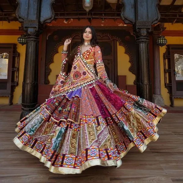 Choli_And_Lehenga_Multi_Mustard_Butter_Silk_Fabric_Dola_Silk_Lehenga_Choli_With_Mirror_Work_And_Attached_Black_Dupatta