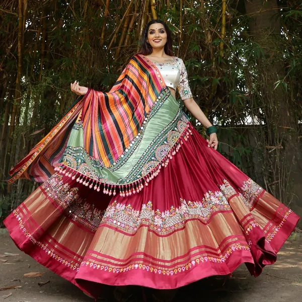 Choli_And_Lehenga_Maroon_White_Butter_Silk_Fabric_Dola_Silk_Lehenga_Choli_With_Mirror_Work_And_Attached_Multi_Dupatta