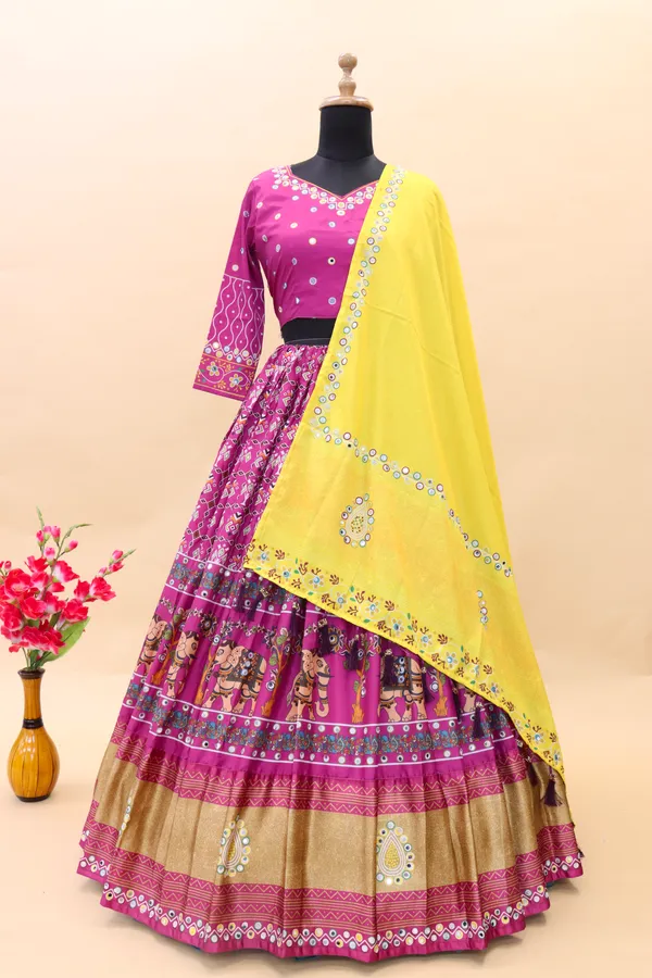 Purple_Dola_Silk_Lehenga_Choli_With_Mirror_Work_And_Attached_Yellow_Dupatta