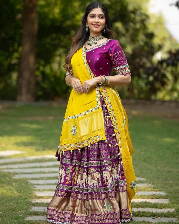 Purple_Dola_Silk_Lehenga_Choli_With_Mirror_Work_And_Attached_Yellow_Dupatta