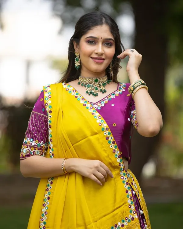 Purple_Dola_Silk_Lehenga_Choli_With_Mirror_Work_And_Attached_Yellow_Dupatta
