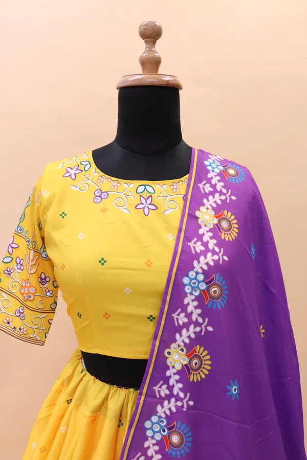 Yellow_Unstitched_Choli_And_Stitched_Lehenga__Butter_Silk_Fabric__Lehenga_Choli_With_Mirror_Work_And_Attached_Purple_Dupatta_For_Women