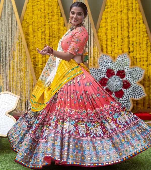 Choli_And_Lehenga_Peach_Butter_Silk_Fabric_Dola_Silk_Lehenga_Choli_With_Mirror_Work_And_Attached_White_Dupatta