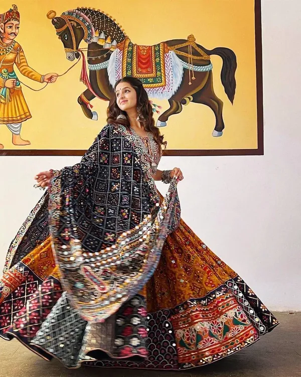 Choli_And_Lehenga_Musterd_Butter_Silk_Fabric_Multi_Dola_Silk_Lehenga_Choli_With_Mirror_Work_And_Attached_Red_Dupatta
