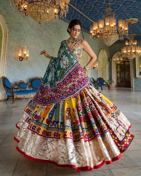 Choli_And_Lehenga_Multi_Butter_Silk_Fabric_Dola_Silk_Lehenga_Choli_With_Mirror_Work_And_Attached_Red_Dupatta