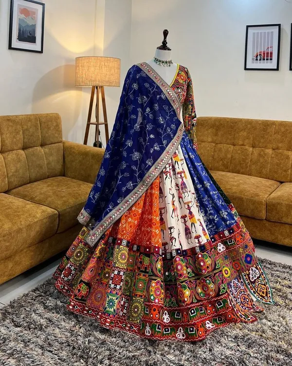 Choli_And_Lehenga_Blue_Black_Butter_Silk_Fabric_Dola_Silk_Lehenga_Choli_With_Mirror_Work_And_Attached_Blue_Dupatta