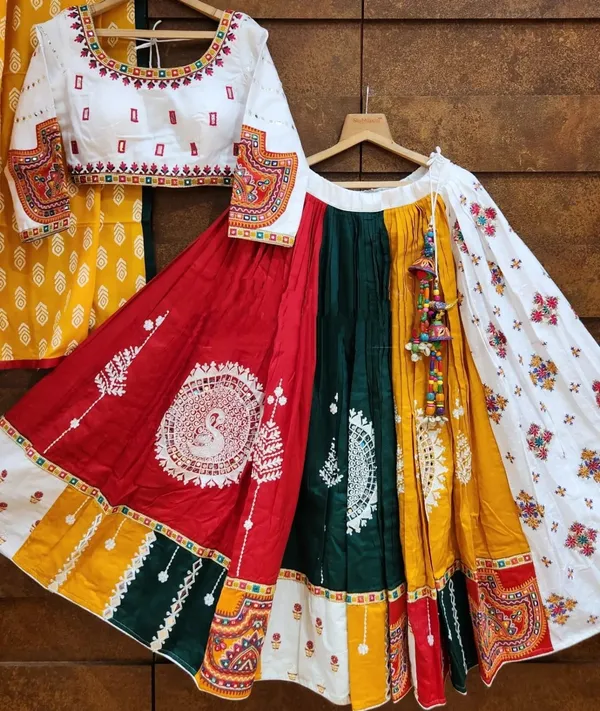 Choli_And_Lehenga_Multi_White_Butter_Silk_Fabric_Dola_Silk_Lehenga_Choli_With_Mirror_Work_And_Attached_Yellow_Dupatta