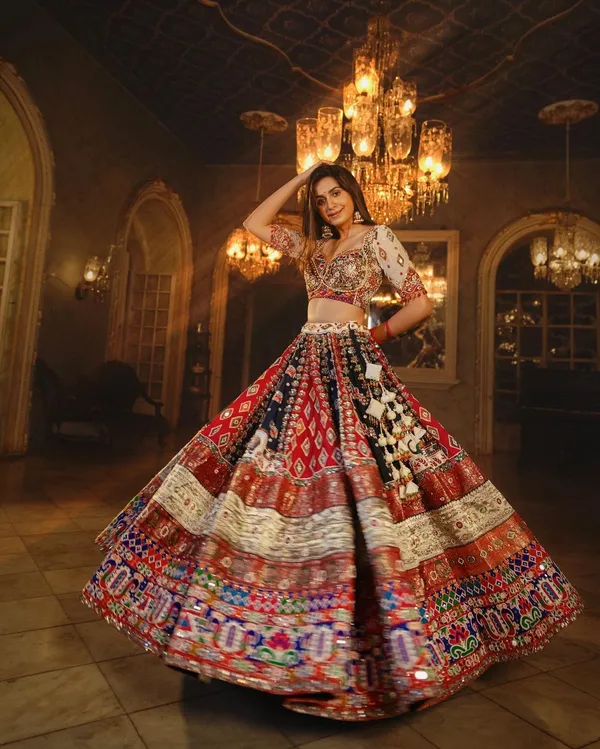 Choli_And_Lehenga_Multi_Colour_Butter_Silk_Fabric_Dola_Silk_Lehenga_Choli_With_Mirror_Work_And_Attached_Pink_Dupatta