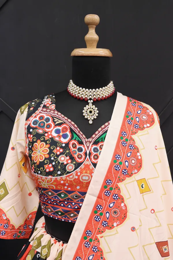 Choli_And_Lehenga_Multi_Colour_Butter_Silk_Fabric_Dola_Silk_Lehenga_Choli_With_Mirror_Work_And_Attached_Pink_Dupatta