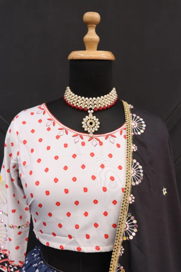 Choli_And_Lehenga_Black_Bandhani_Printed_Butter_Silk_Fabric_Navratri_Lehenga_With_Unstitched_Choli_With_Mirror_Work_And_Attached_Black_Dupatta