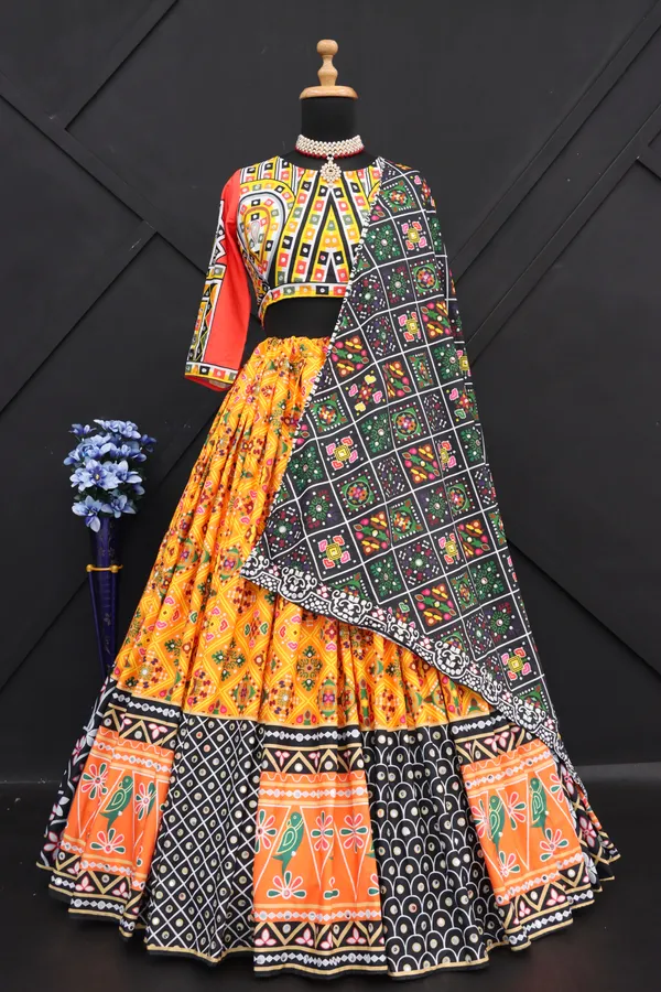 Choli_And_Lehenga_Musterd_Butter_Silk_Fabric_Multi_Dola_Silk_Lehenga_Choli_With_Mirror_Work_And_Attached_Red_Dupatta