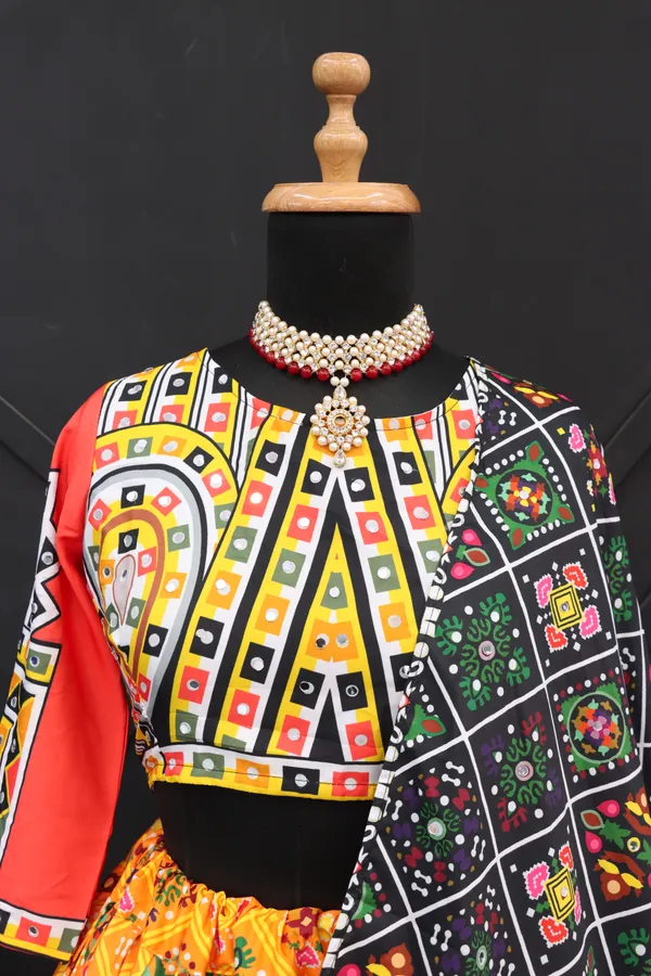 Choli_And_Lehenga_Musterd_Butter_Silk_Fabric_Multi_Dola_Silk_Lehenga_Choli_With_Mirror_Work_And_Attached_Red_Dupatta