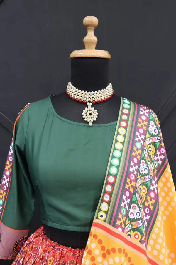 Choli_And_Lehenga_Red_Green_Butter_Silk_Fabric_Dola_Silk_Lehenga_Choli_With_Mirror_Work_And_Attached_Yellow_Dupatta