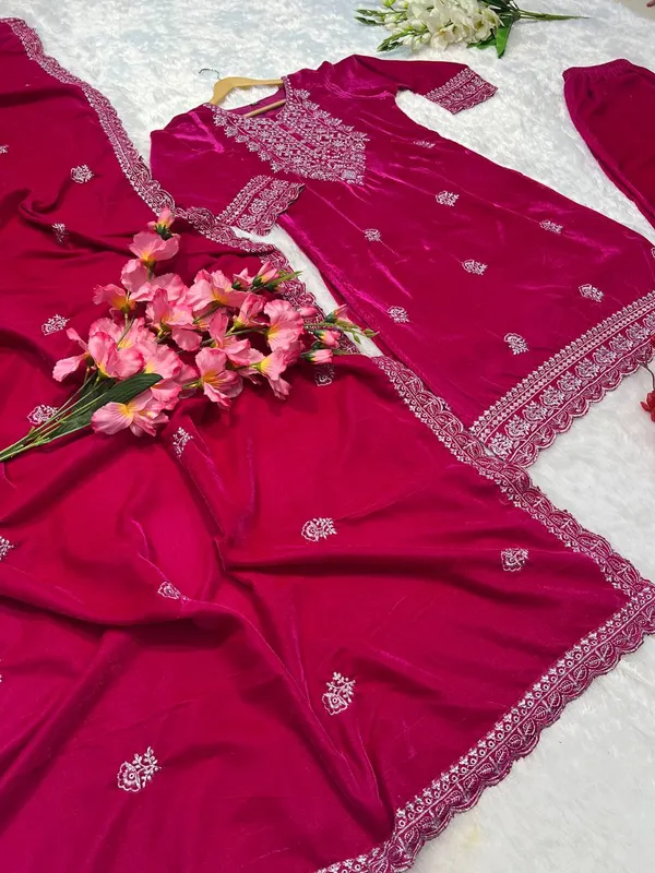 Fully_Stitched_Designer_Party_Wear_Look_Heavy_Viscose_Velvet_Top-Dupatta_And_Plazza_Pair_With_Embroidery_Work