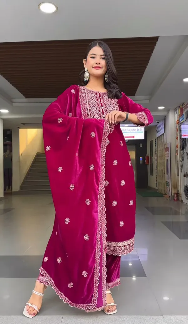 Fully_Stitched_Designer_Party_Wear_Look_Heavy_Viscose_Velvet_Top-Dupatta_And_Plazza_Pair_With_Embroidery_Work