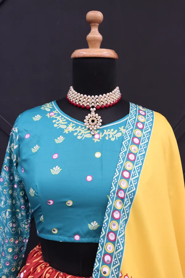Choli_And_Lehenga_Red_Green_Butter_Silk_Fabric_Dola_Silk_Lehenga_Choli_With_Mirror_Work_And_Attached_Yellow_Dupatta