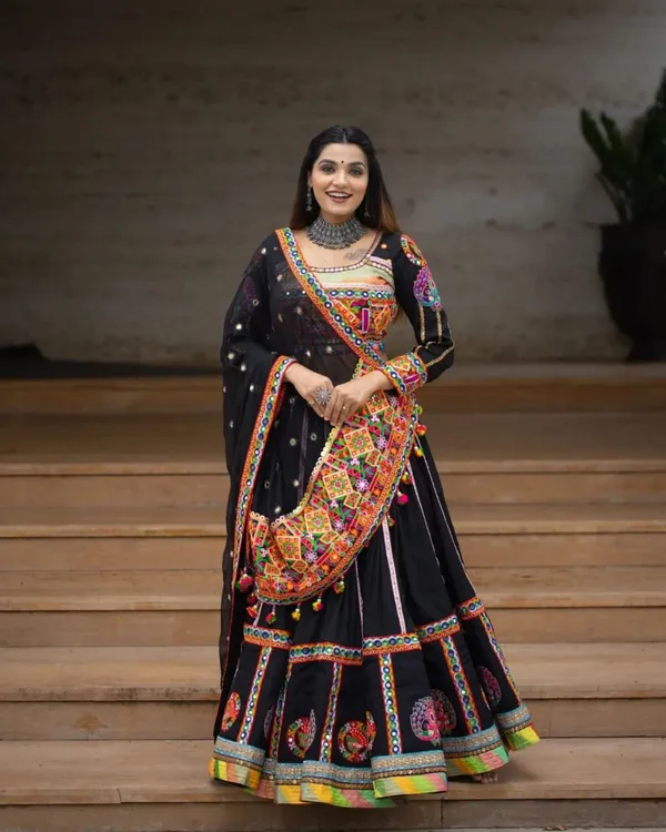 Choli_And_Lehenga_Black_Butter_Silk_Fabric_Dola_Silk_Lehenga_Choli_With_Mirror_Work_And_Attached_Black_Dupatta