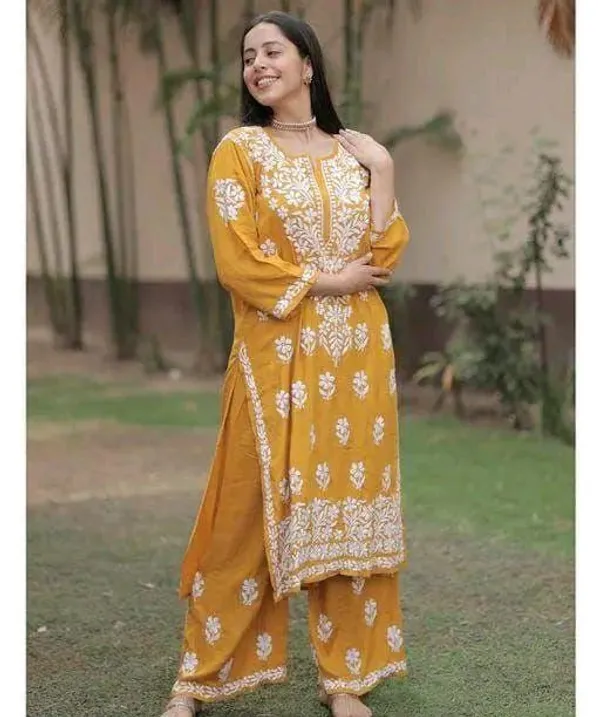 Kurti_With_Pant_Heavy_Rayon_Cotton_Fabric_With_Chikankari_Style_Embroidery_Work