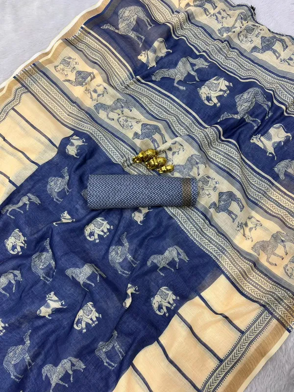 Soft_Linen_Blue_Animal_Printed_Saree_with_Blouse