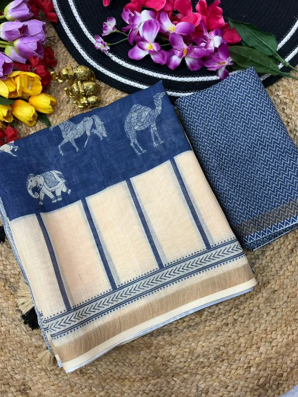 Soft_Linen_Blue_Animal_Printed_Saree_with_Blouse
