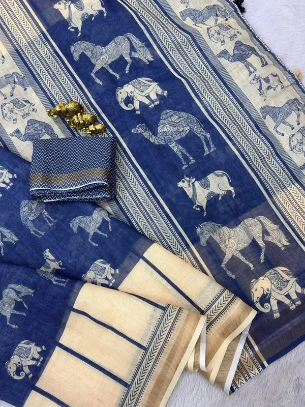 Soft_Linen_Blue_Animal_Printed_Saree_with_Blouse