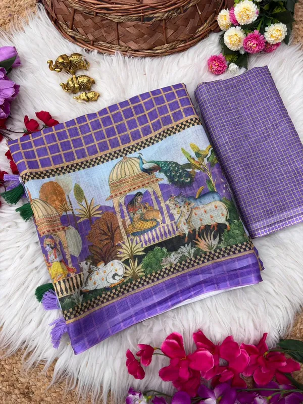 Soft_Linen_Light_Weigth_Chex_and_Doli_border_Saree_with_Blouse