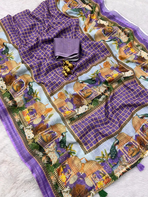 Soft_Linen_Light_Weigth_Chex_and_Doli_border_Saree_with_Blouse