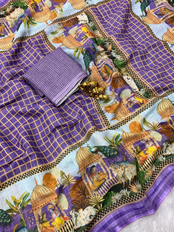 Soft_Linen_Light_Weigth_Chex_and_Doli_border_Saree_with_Blouse