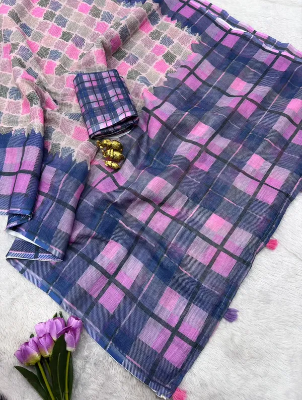Soft_Linen_Light_Weigth_Printed_Blue_and_Pink_chex_Saree_with_Blouse