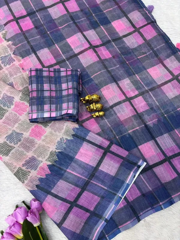Soft_Linen_Light_Weigth_Printed_Blue_and_Pink_chex_Saree_with_Blouse