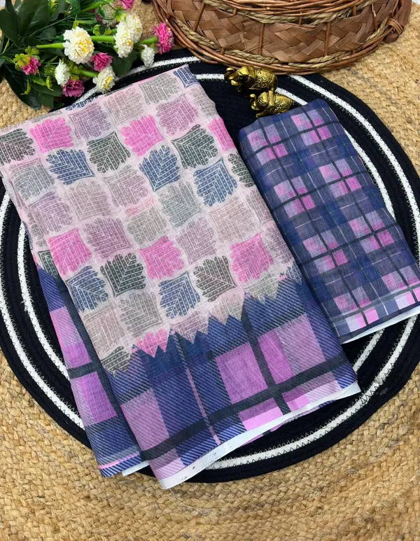 Soft_Linen_Light_Weigth_Printed_Blue_and_Pink_chex_Saree_with_Blouse