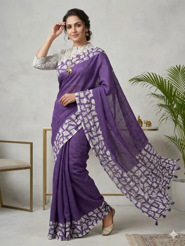Soft_Linen_Light_Weigth_Printed_Blue_and_While_blocks_Saree_with_Blouse