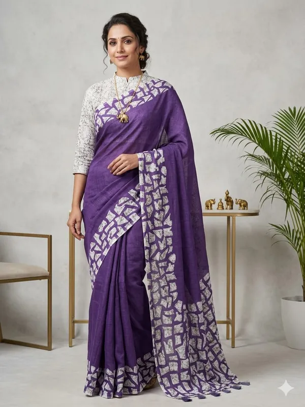 Soft_Linen_Light_Weigth_Printed_Blue_and_While_blocks_Saree_with_Blouse