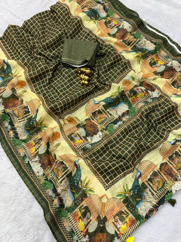 Soft_Linen_Light_Weigth_Chex_and_Doli_border_Saree_with_Blouse