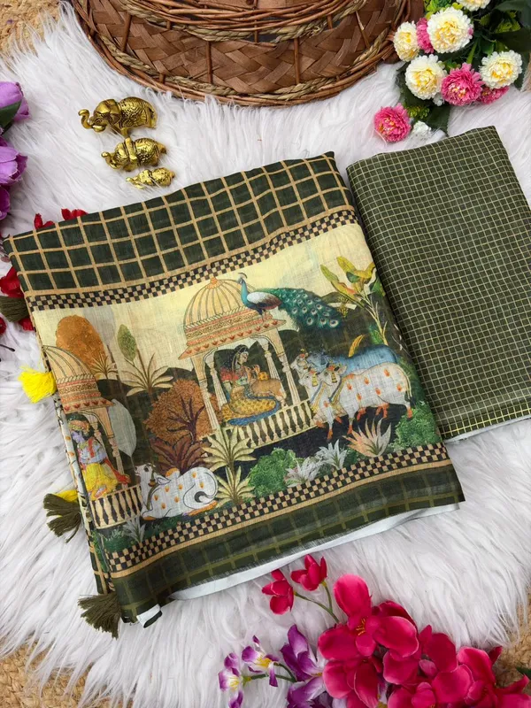 Soft_Linen_Light_Weigth_Chex_and_Doli_border_Saree_with_Blouse