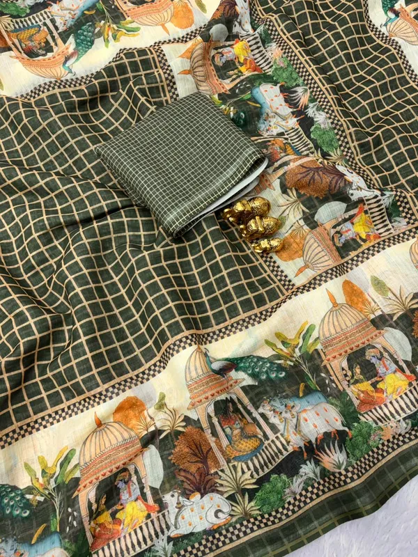 Soft_Linen_Light_Weigth_Chex_and_Doli_border_Saree_with_Blouse