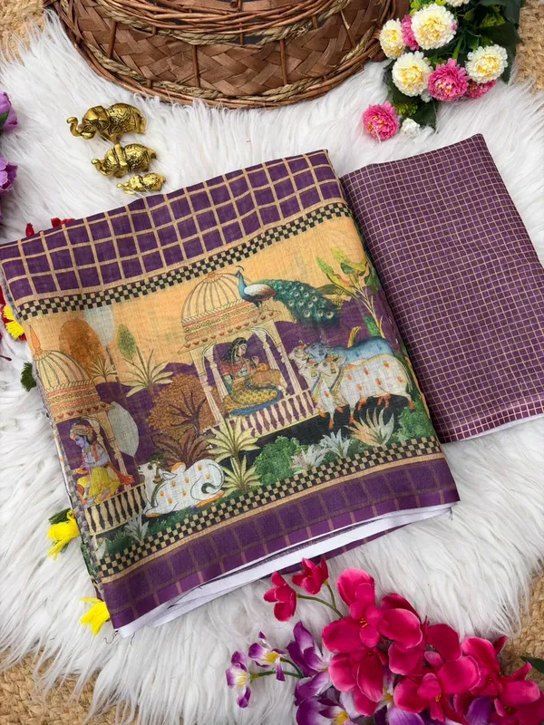 Soft_Linen_Light_Weigth_Chex_and_Doli_border_Saree_with_Blouse