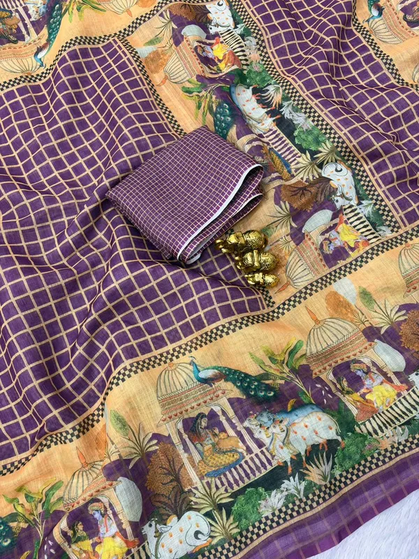 Soft_Linen_Light_Weigth_Chex_and_Doli_border_Saree_with_Blouse
