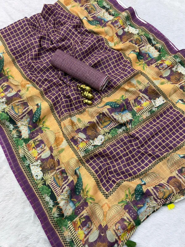 Soft_Linen_Light_Weigth_Chex_and_Doli_border_Saree_with_Blouse