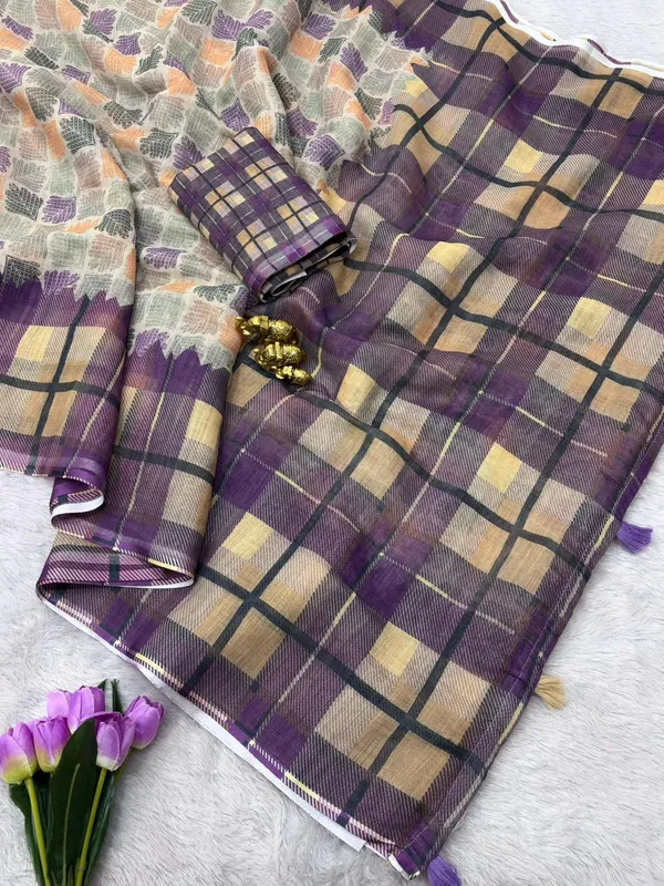 Soft_Linen_Light_Weigth_Printed_Purple_and_Yellow_chex_Saree_with_Blouse