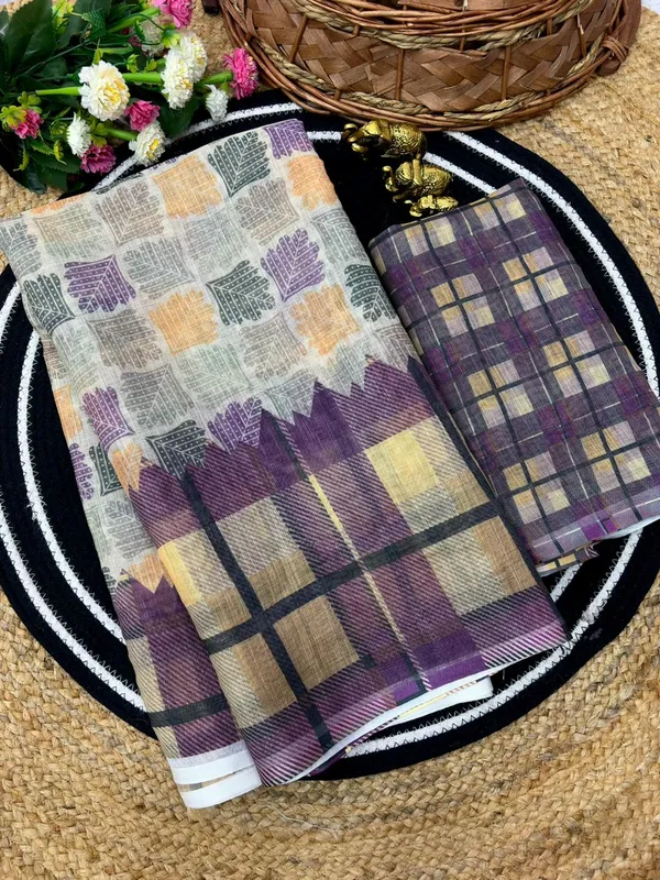 Soft_Linen_Light_Weigth_Printed_Purple_and_Yellow_chex_Saree_with_Blouse