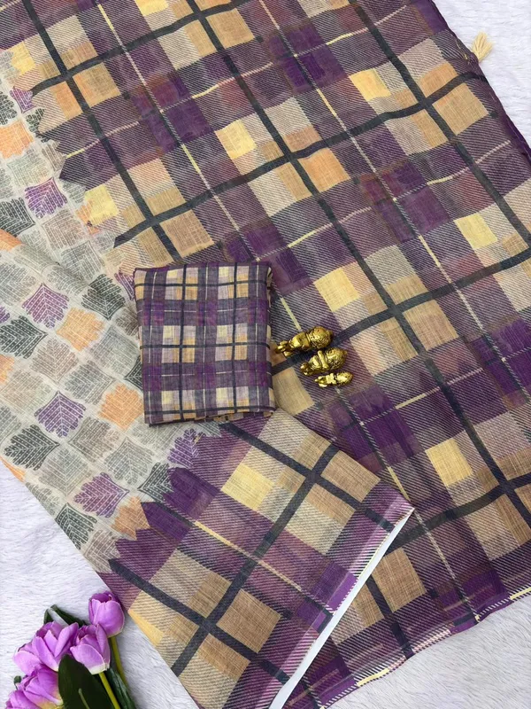 Soft_Linen_Light_Weigth_Printed_Purple_and_Yellow_chex_Saree_with_Blouse